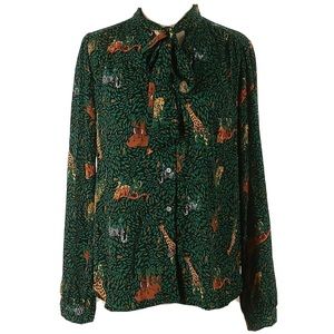 J. Crew Long-sleeve Bow Top in Green Tie Neck Safari Button-up size S